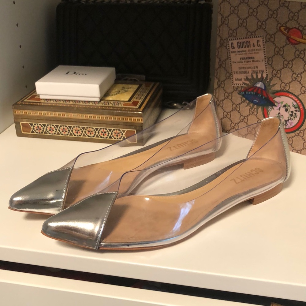 Schutz silver toe clear flats